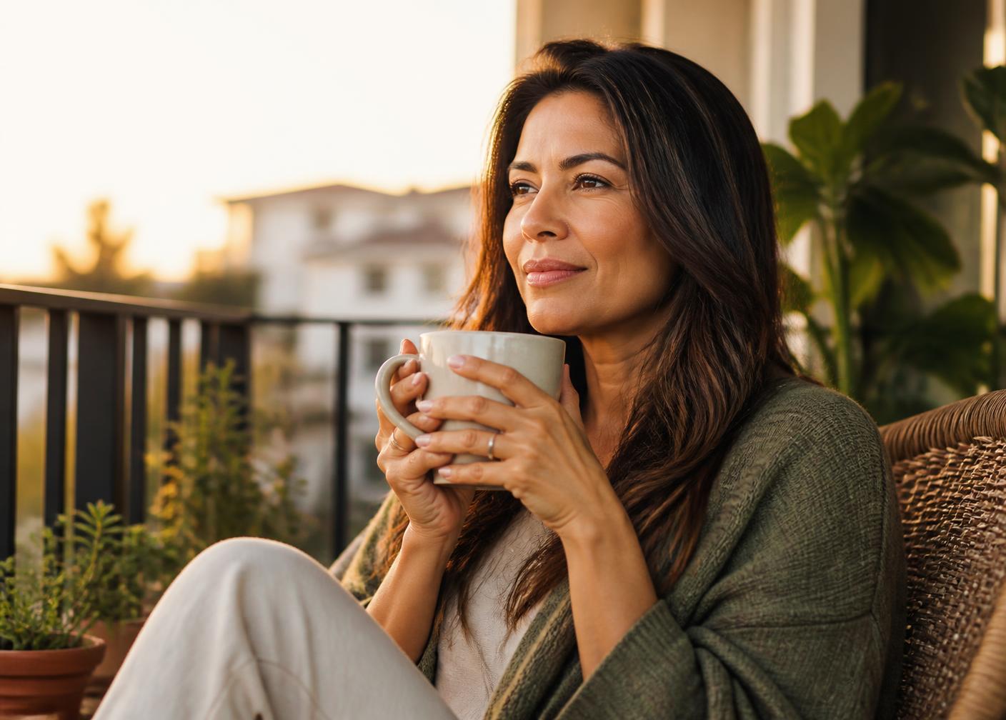 A woman holding a warm mug on a balcony at sunrise, taking a quiet reflective moment