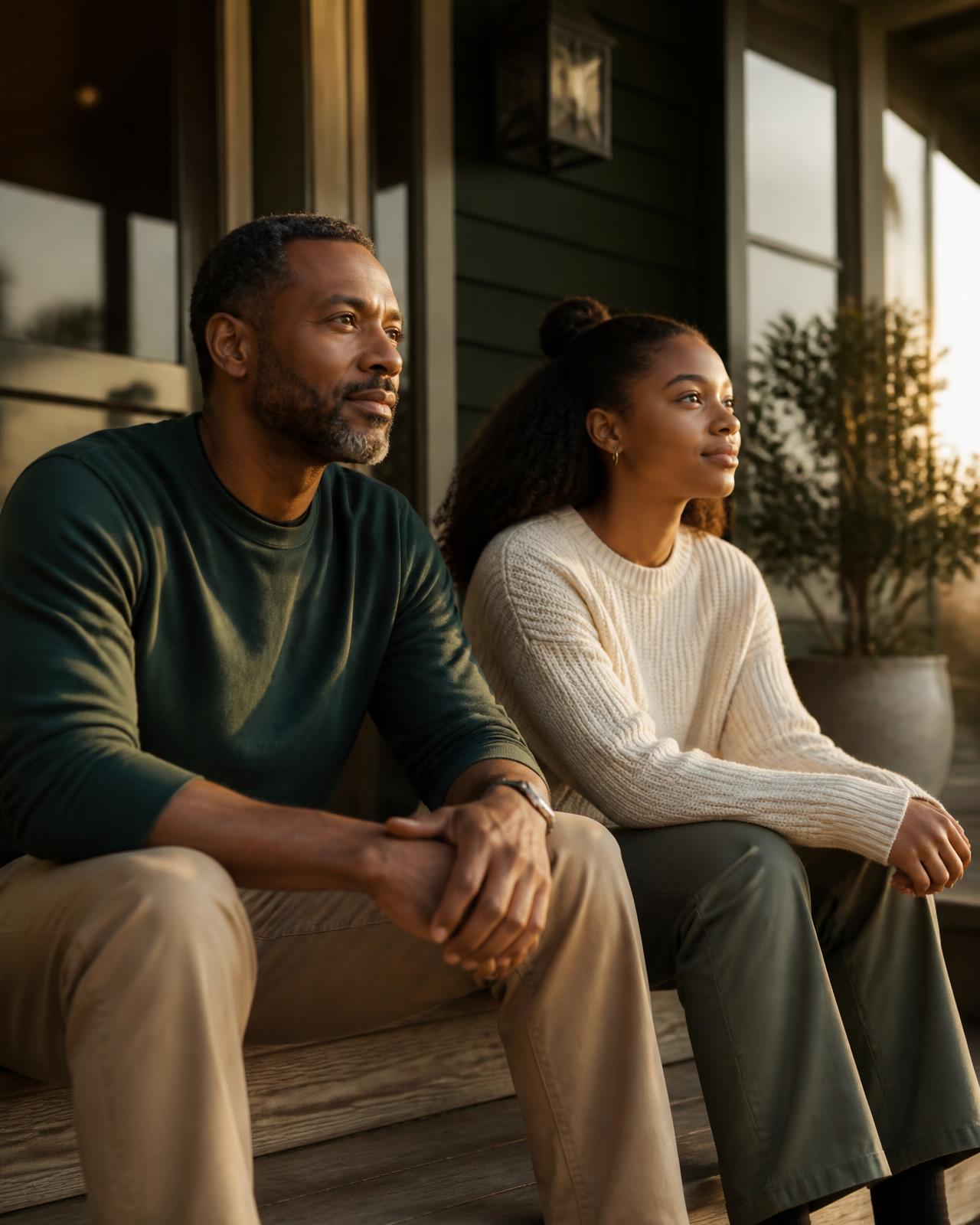 A father and his teenage daughter sitting together on porch steps in warm evening light