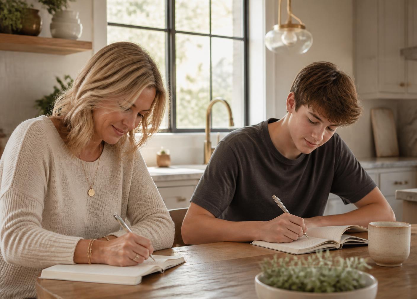 A mother and her teenage son writing in journals at a sunlit kitchen table