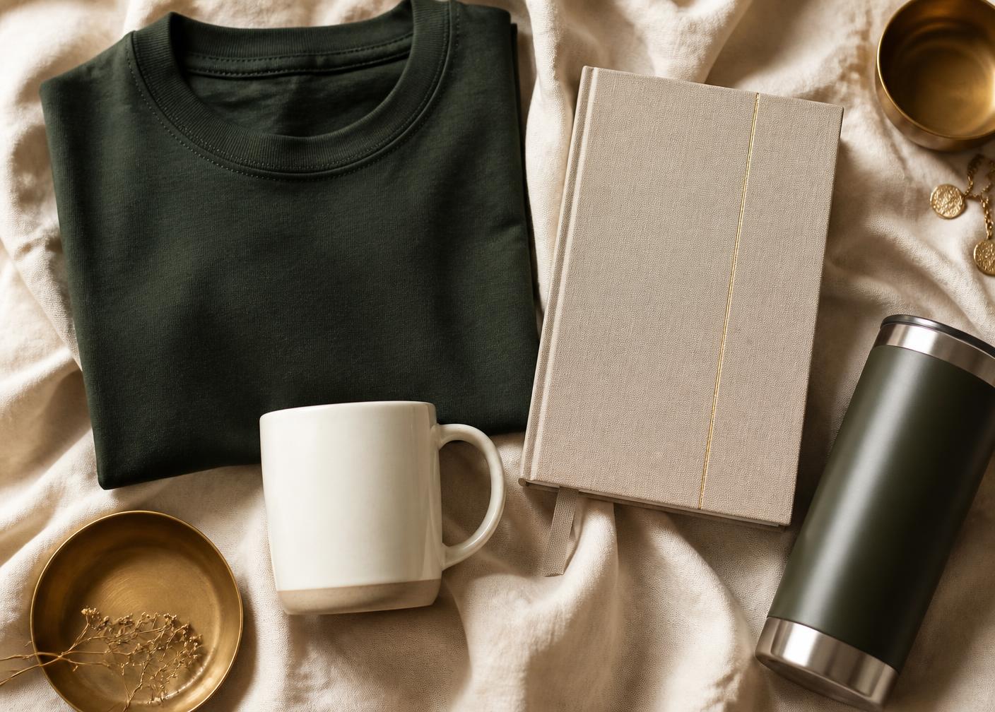 Lifestyle collection flat lay: forest green tee, ceramic mug, linen guided journal and tumbler